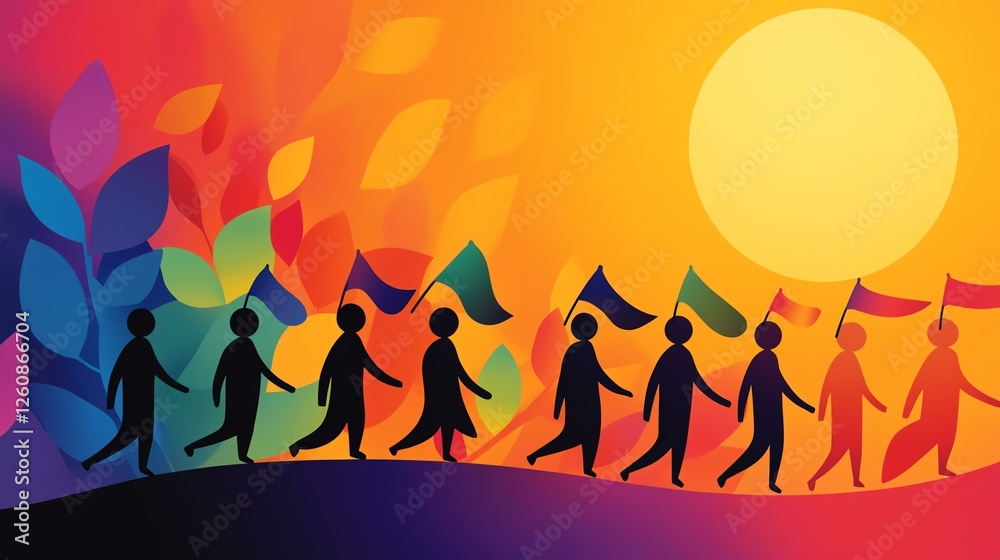 Fototapeta premium People marching with flags under a sunset.