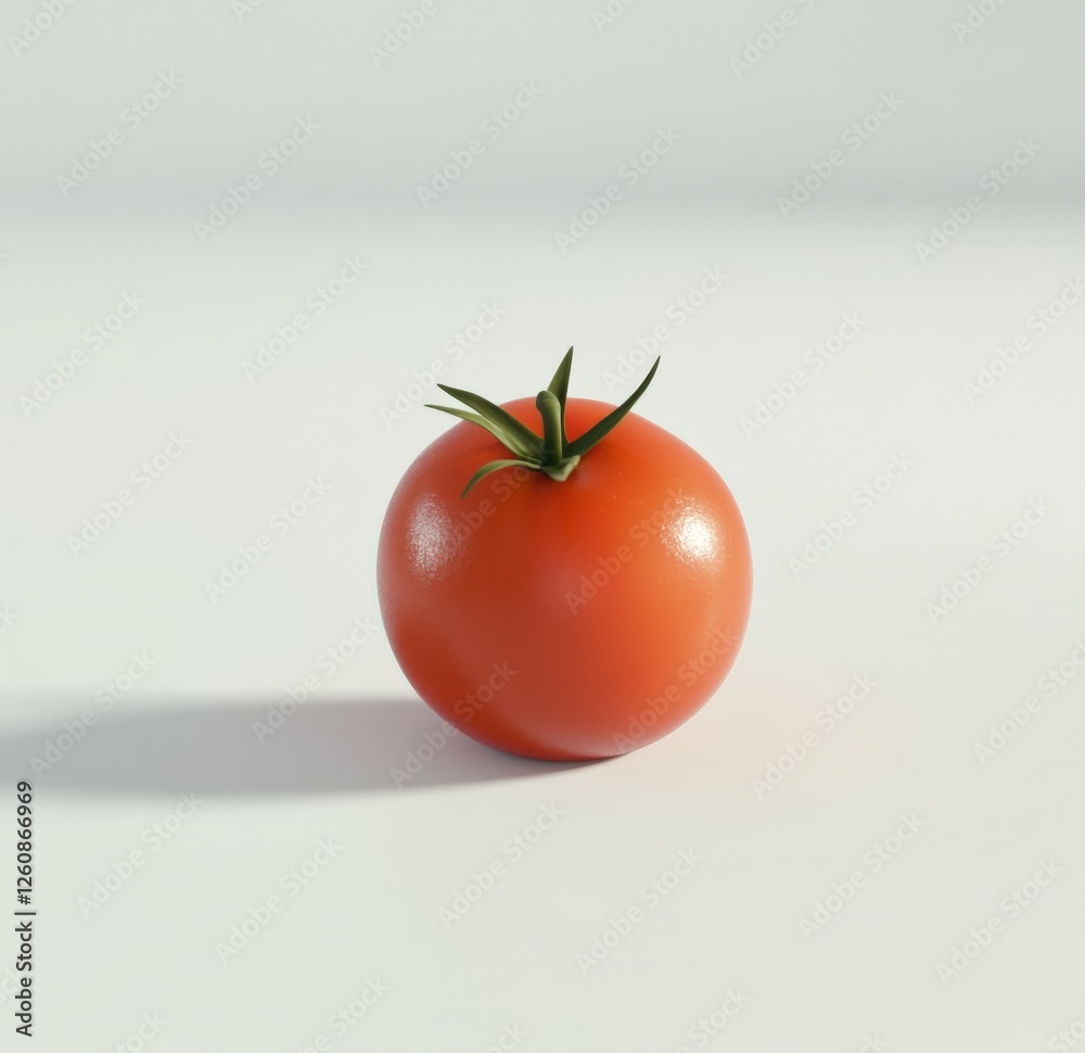 A ripe tomato with a green stem on a white background A ripe tomato with a green stem on a white background