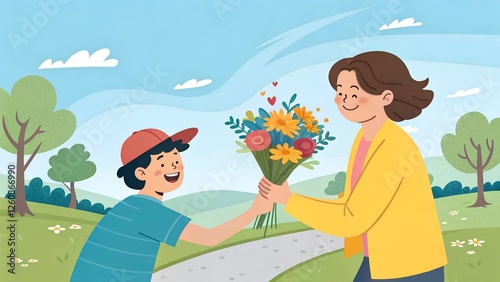a cheerful illustration depicting a child presenting a bouquet of colorful flowers to an adult,