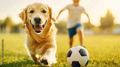 golden retriever playing soccer with a child photo