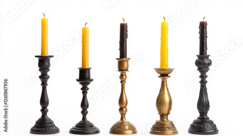 set of 4 candles with metal bases isolated on white background