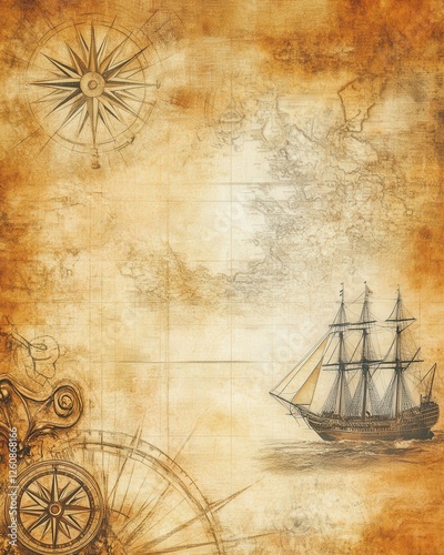 Fototapeta Naklejka Na Ścianę i Meble -  An ancient map of the world featuring a ship and a compass upon it