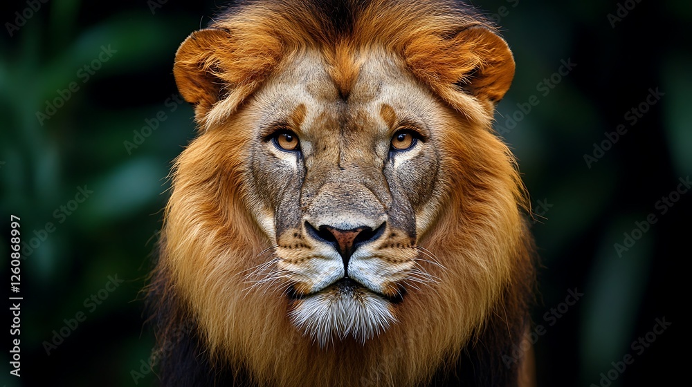 Fototapeta premium Majestic lion portrait, jungle backdrop, wildlife photography, nature documentary