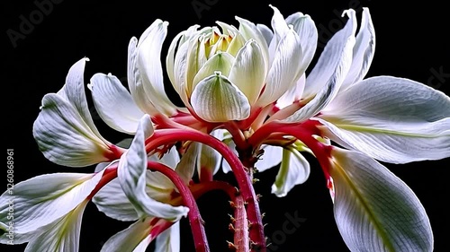 A beautiful white flower with red stems in full bloom, and its timelapse is available.