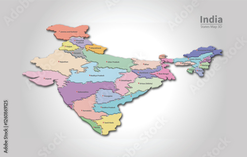 3D India map illustration with states Vector infographic design.