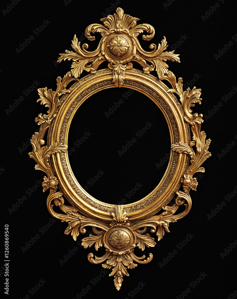 Fototapeta premium Golden oval baroque frame on black background