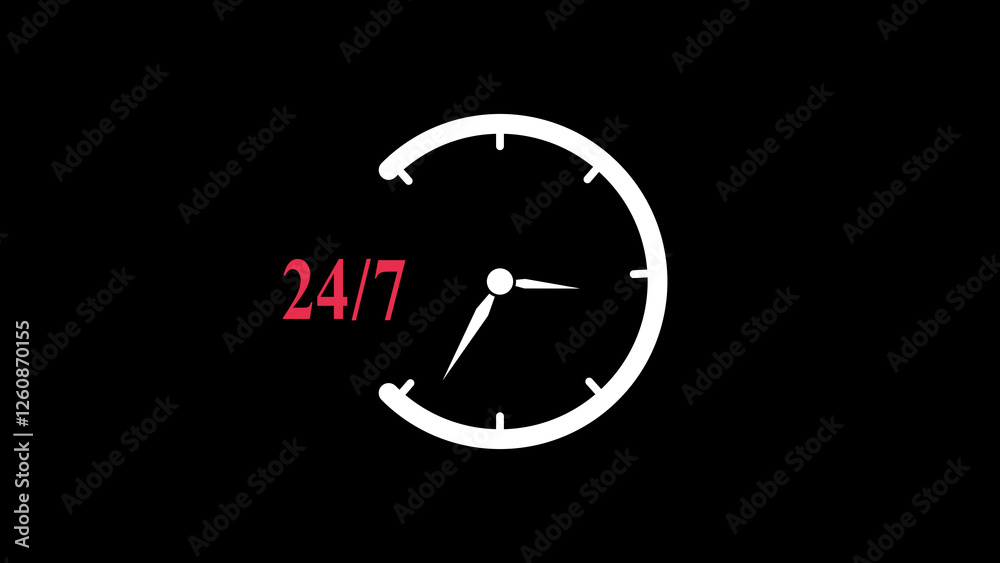 24 hours 7 days clock timer icon ,All time service concept watch on dark background.