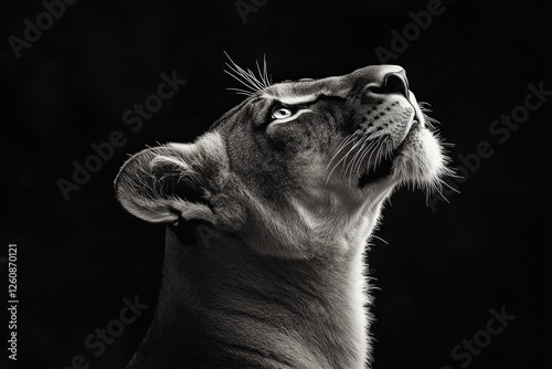 A black and white photo of a lions face in the night