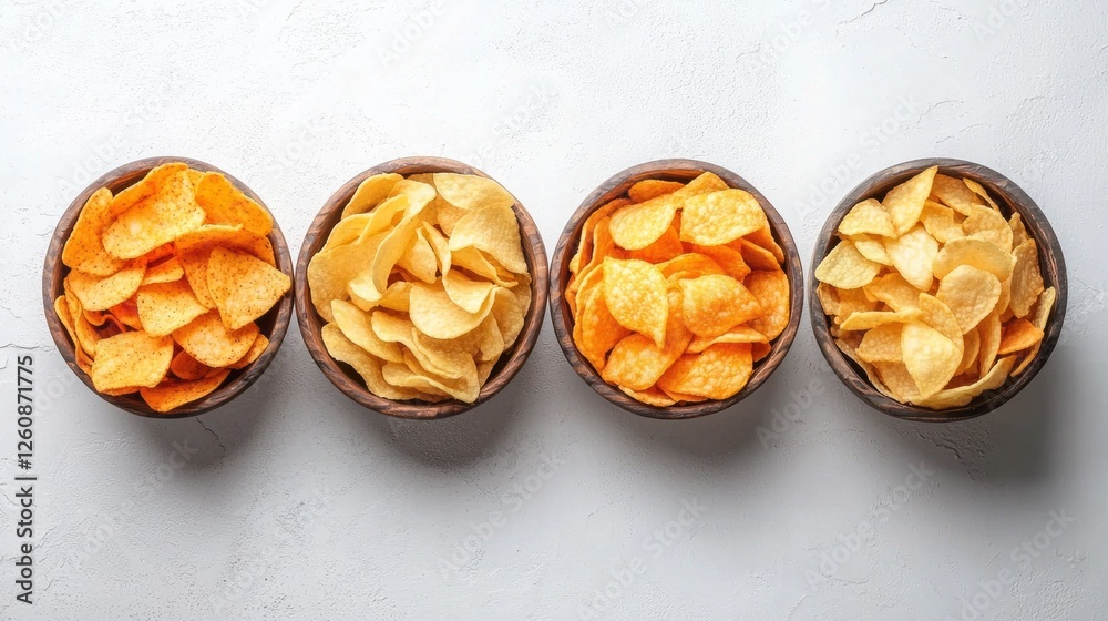 A delightful spread of various potato chips in vibrant hues is laid out in rustic bowls, inviting snack lovers to indulge in crispy flavors at a casual gathering with friends A delightful spread of various potato chips in vibrant hues is laid out in rustic bowls, inviting snack lovers to indulge in crispy flavors at a casual gathering with friends
