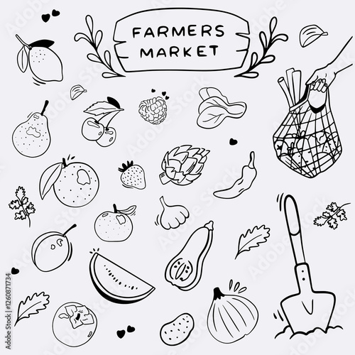 Farmer's market: fruit and vegetable set, shopping bag with groceries, watermelon, plum, pear, berries, carrot, pepper, pumpkin, beetroot, garlic, tomato, garlic, greens, peas. Logo or print for farm 
