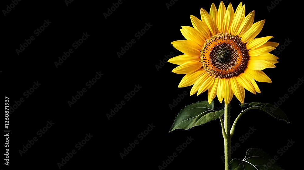 Fototapeta premium Photo of a single sunflower on a black background, side view with copy space area for text or message on the right