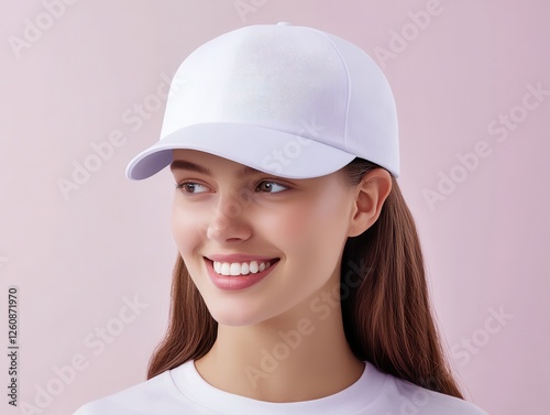 Baseball cap mockup concept. A young woman smiles while wearing a stylish white baseball cap against a soft pastel background. photo