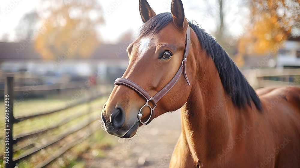 Obraz premium Chestnut horse autumn pasture portrait