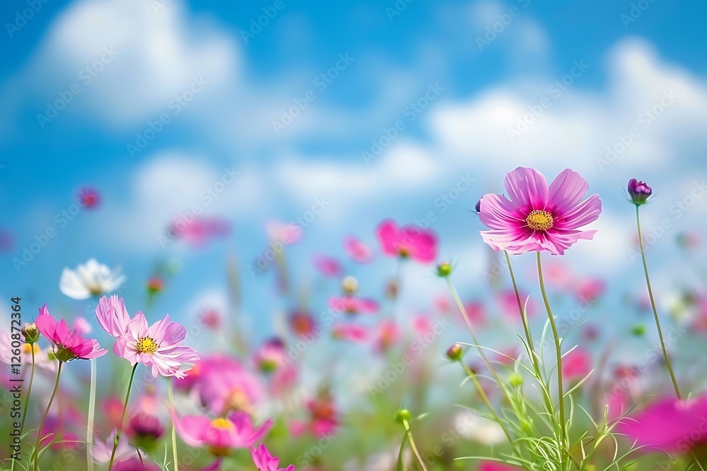 Cosmos flowers field with blue sky and white clouds in summer. Cosmos flowers field with blue sky and white clouds in summer.
