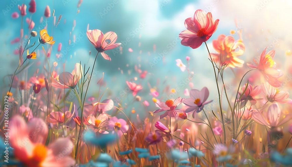Obraz premium Cosmos flowers field with blue sky and white clouds in summer.