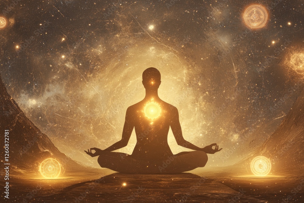 Silhouette of a Person Meditating in Cosmic Space With Glowing Chakras and Distant Stars and Galaxies Surrounding Them Silhouette of a Person Meditating in Cosmic Space With Glowing Chakras and Distant Stars and Galaxies Surrounding Them