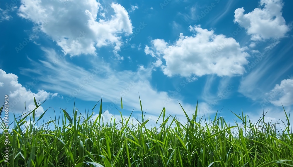 Obraz premium Green field and blue sky with white clouds. Nature landscape background.
