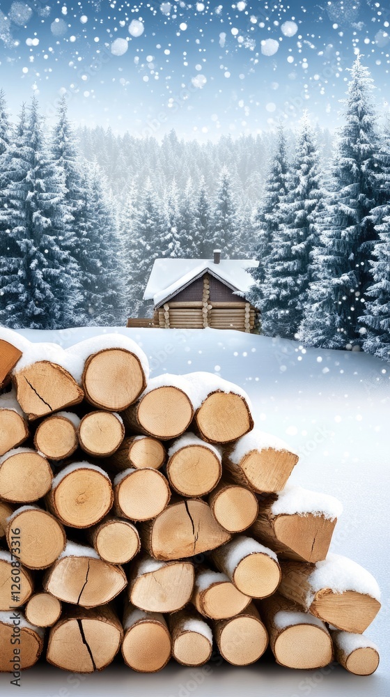 Old wooden house stands amidst a snowy forest, with wood logs surrounded by falling snow in a tranquil winter day. Old wooden house stands amidst a snowy forest, with wood logs surrounded by falling snow in a tranquil winter day.