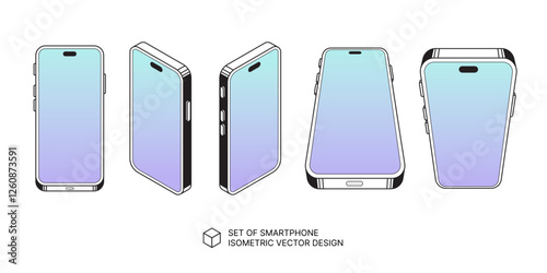 set of isometric mobile phone, illustration and vector design, digital and technology concept, mobile phone mockup and template design