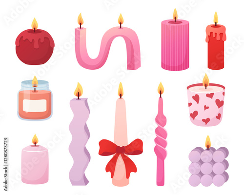 Set of candles of different shapes in cartoon flat style. Romantic pink and red candles for Valentines Day, wedding, bachelorette party, home decor.