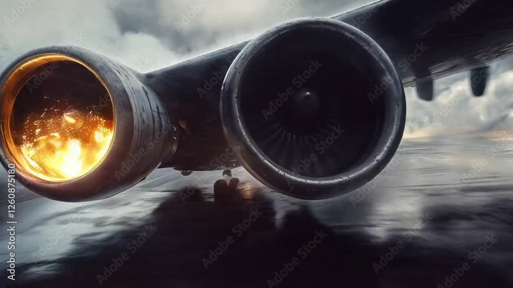 Powerful jet engines roar as airplane takes off amidst dramatic weather conditions Powerful jet engines roar as airplane takes off amidst dramatic weather conditions