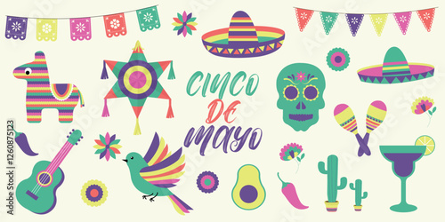 Cinco de mayo design with pinata, sombrero, chili peppers, margarita glass, avocado, skull, cactus, Parrot, guitar
