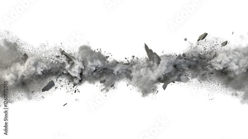 Ground crumbling and breaking with dust cloud on transparent background