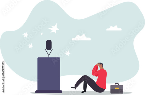 Fear of public speaking, nervous or stress to talk on stage, podium phobia, shy and frightening to give speech to people,business concept.flat character.
