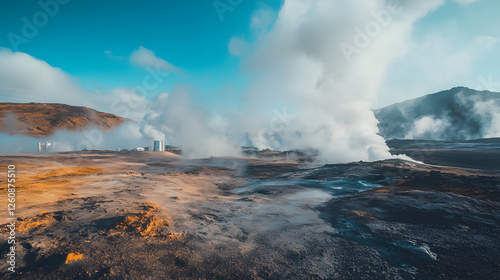 Geothermal Power Plant Bridging Misty Steam Vents in Rugged Terrain