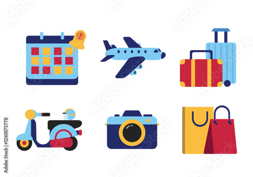 Bundle isolated illustration cute cartoon calendar, air plane, suitcase, scooter, camera, and shopping bag, for travel graphic element