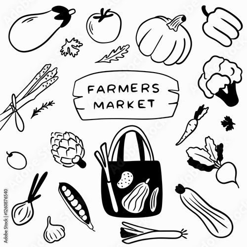 Farmer's Market: Vegetable Set, Eco Shopper Bag with Groceries, Carrot, Pepper, Pumpkin, Beetroot, Garlic, Tomato, Garlic, Greens, Peas. Logo or Print for Farmer's Shop, Market, Farm, Lettering