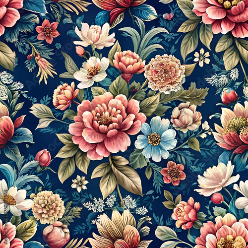 Seamless Floral Pattern on Dark Blue Background: Vintage Design