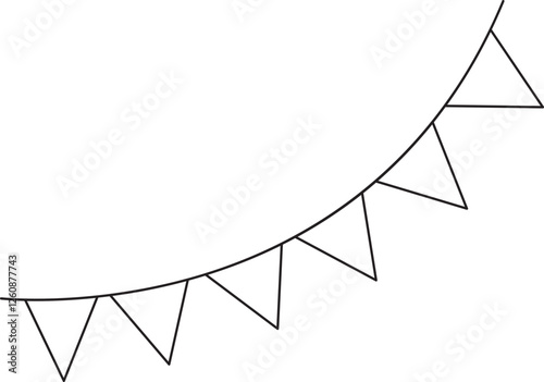 a garland of triangular paper flags, a black and white vector linear icon isolated on a white transparent background