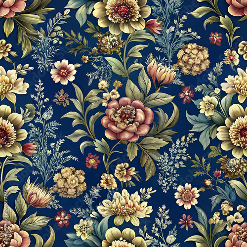 Vintage Floral Motif: Dark Blue Seamless Pattern Background