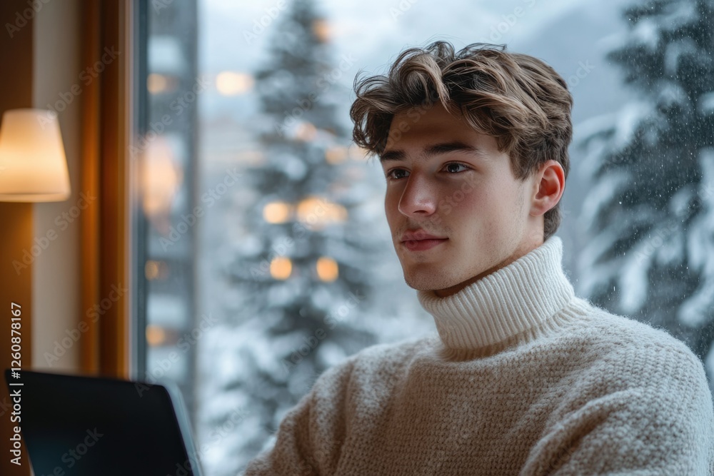 Fototapeta premium Young man in a cream turtleneck sweater looks thoughtfully out a snowy window at a laptop.