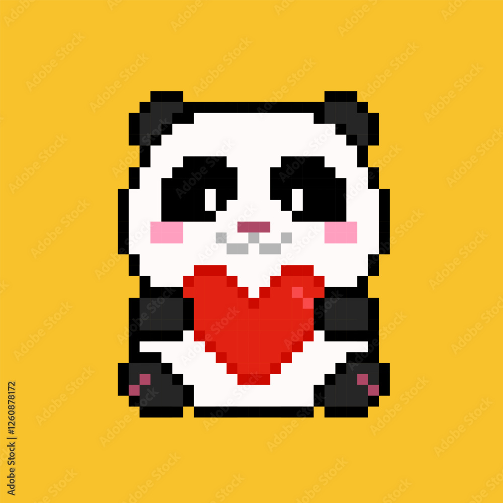 Fototapeta premium Cute Pixel-Art Baby Panda holding heart in hands. Vector pixel Kawaii Panda illustration for Valenties day card or Happy Birthday greeting card designs