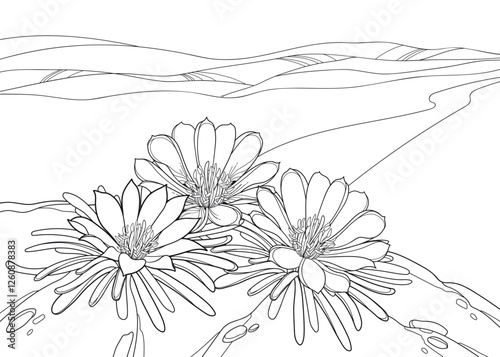 Bunch with outline Bitterroot flowers and leaves in black isolated on the white background with field and sky. 