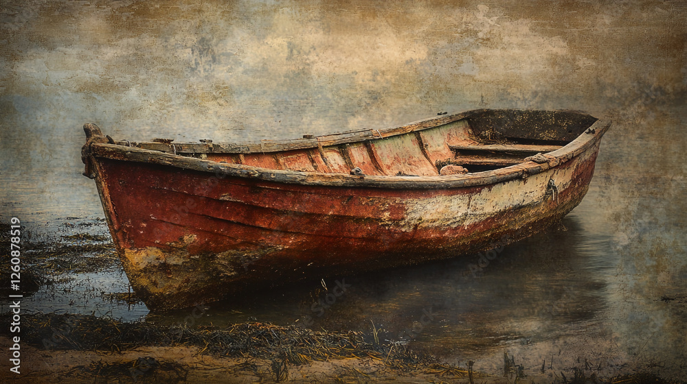 Weathered wooden boat rests in shallow water at a quiet coastal location during twilight Weathered wooden boat rests in shallow water at a quiet coastal location during twilight