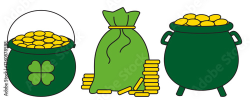 St. Patrick's Day, treasures, cauldron, full bag of gold coins, retro vintage style, set vector flat icon isolated on a white transparent background