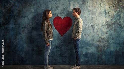 Couple facing heart-shaped wall. Couple stands in front of textured wall with painted heart between them. Conscious uncoupling, emotional healing and new beginning after breakup
