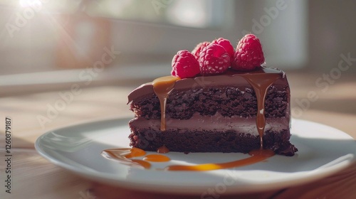 A chocolate cake slice with a glossy ganache topping, fresh raspberries, and a drizzle of caramel sauce on a white plate