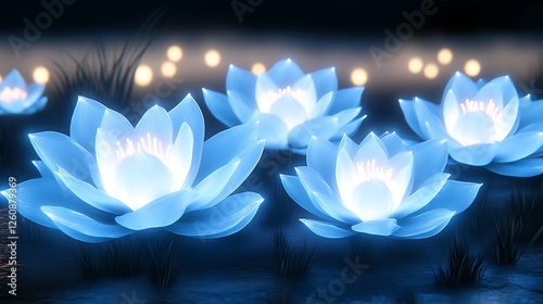 Glowing Blue Lotus Flowers In Dark Night Setting