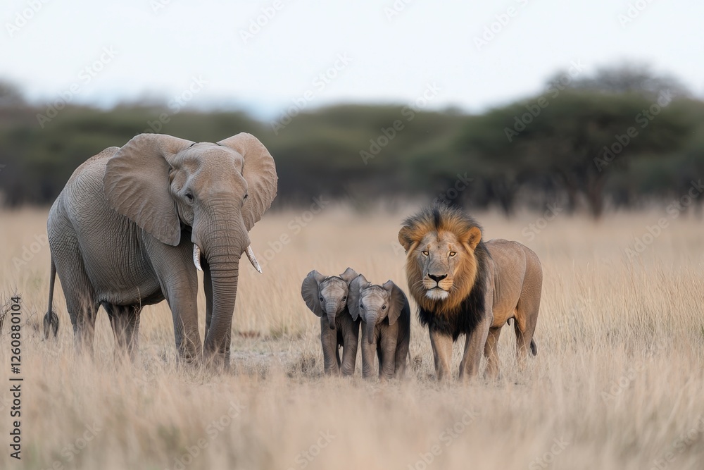 Lion and elephants interacting in nature's savannah landscape animal behavior wildlife Lion and elephants interacting in nature's savannah landscape animal behavior wildlife