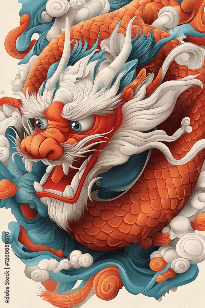 Obraz premium Dynamic and powerful depiction of a legendary Chinese dragon emerging from clouds 