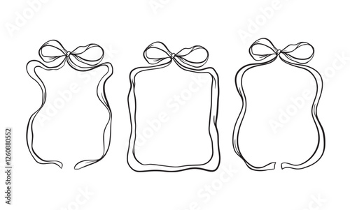 Vector illustration of a frame with bow in a trendy style for invitations to a wedding, party, card. Linear style, cartoon, doodle