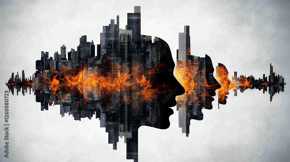 Fototapeta premium Abstract Cityscape Sound Wave Silhouette with Fire