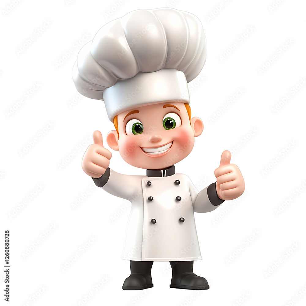 Chef Thumbs Up: A cheerful 3D rendered cartoon chef gives a double thumbs up, expressing satisfaction, approval, and culinary delight. The chef is wearing a classic white uniform and tall chef's hat. Chef Thumbs Up: A cheerful 3D rendered cartoon chef gives a double thumbs up, expressing satisfaction, approval, and culinary delight. The chef is wearing a classic white uniform and tall chef's hat.