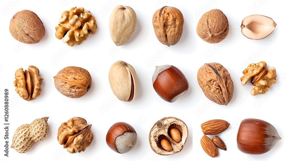 Walnut kernels and whole walnuts isolated on a white background.