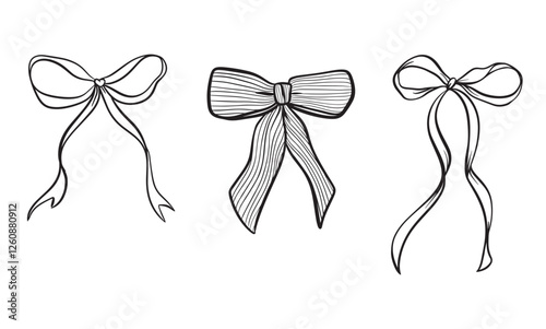 Vector set illustration of bows in trendy style for invitations to wedding, party, hair, postcard. Linear style, cartoon, doodle