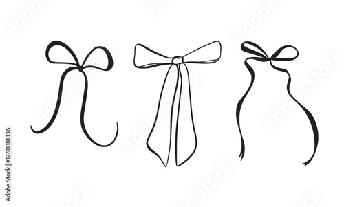 Vector set illustration of bows in trendy style for invitations to wedding, party, hair, postcard. Linear style, cartoon, doodle